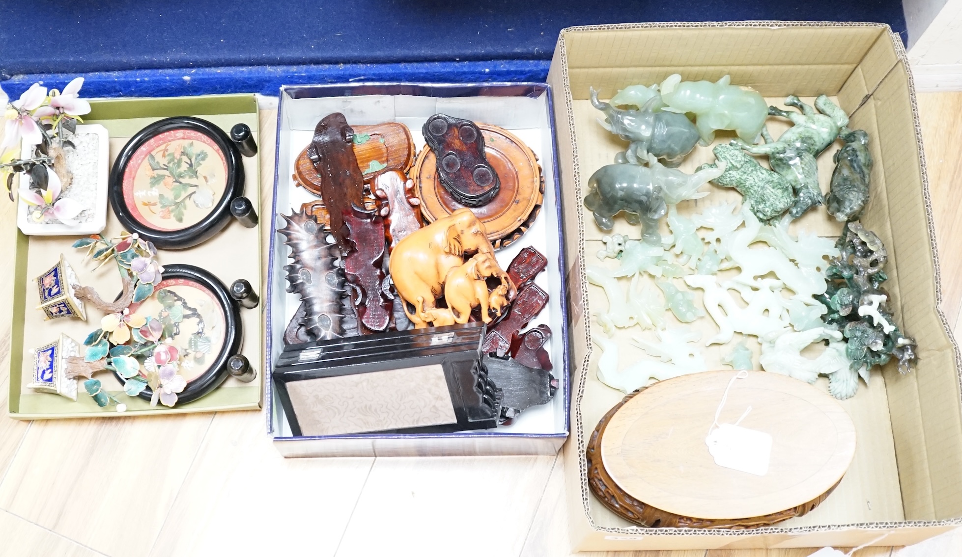 Assorted Chinese carvings, including enamel model bonsai trees, miniature ceramic folding screen, carved elephants, hardwood stands, and nephrite jade and green stone carved dragons, and horses, etc. Condition - varies